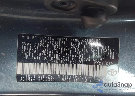 2015 Toyota Corolla S Plus z USA, uszkodzony, nr VIN 5YFBURHE2FP275241